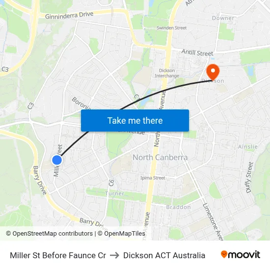 Miller St Before Faunce Cr to Dickson ACT Australia map