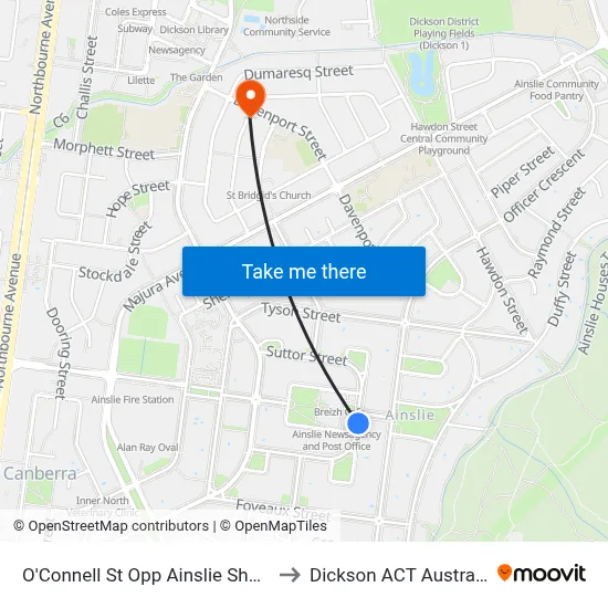 O'Connell St Opp Ainslie Shops to Dickson ACT Australia map