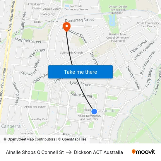 Ainslie Shops O'Connell St to Dickson ACT Australia map
