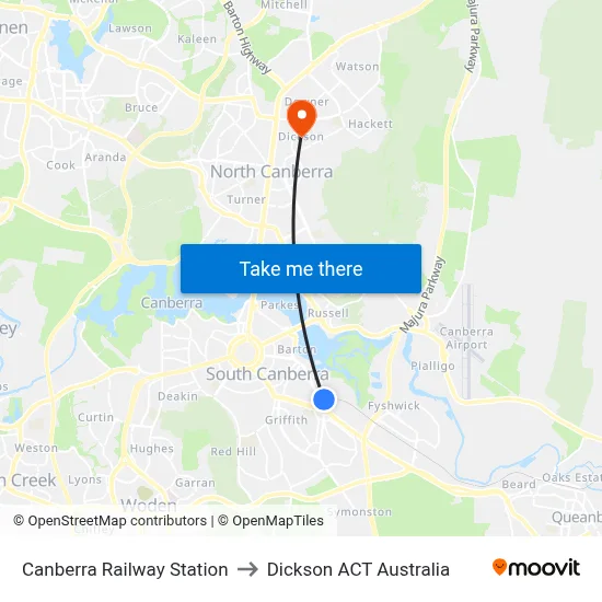 Canberra Railway Station to Dickson ACT Australia map
