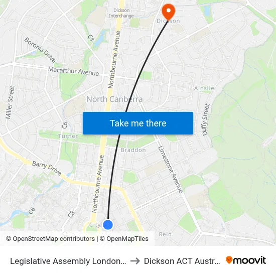 Legislative Assembly London Cct to Dickson ACT Australia map