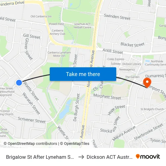 Brigalow St After Lyneham Shops to Dickson ACT Australia map