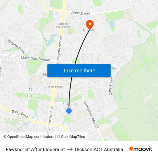 Fawkner St After Elouera St to Dickson ACT Australia map