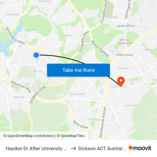 Haydon Dr After University Dr to Dickson ACT Australia map