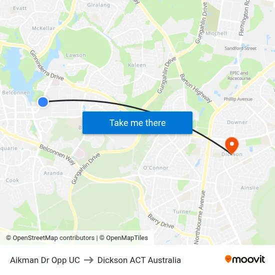 Aikman Dr Opp UC to Dickson ACT Australia map