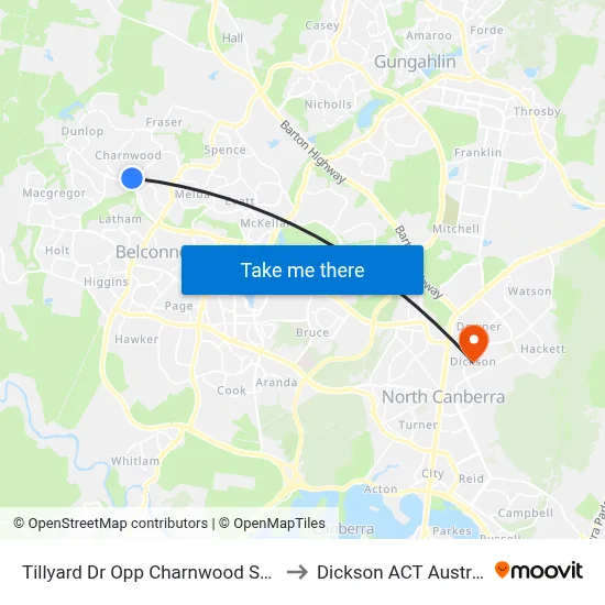 Tillyard Dr Opp Charnwood Shops to Dickson ACT Australia map
