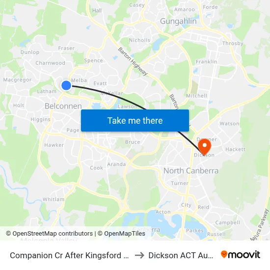 Companion Cr After Kingsford Smith Dr to Dickson ACT Australia map