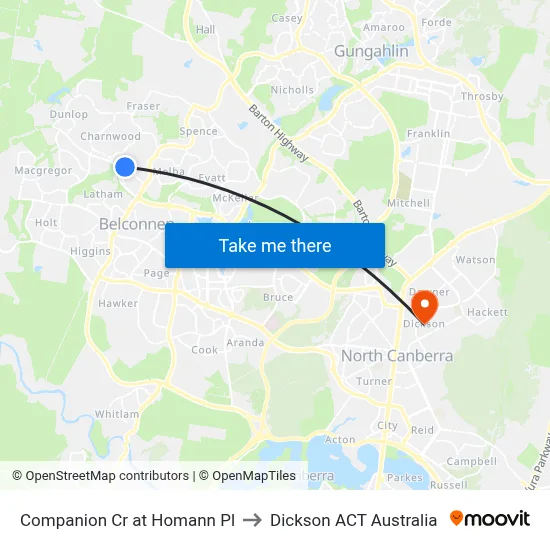 Companion Cr at Homann Pl to Dickson ACT Australia map