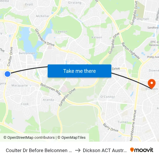Coulter Dr Before Belconnen Way to Dickson ACT Australia map