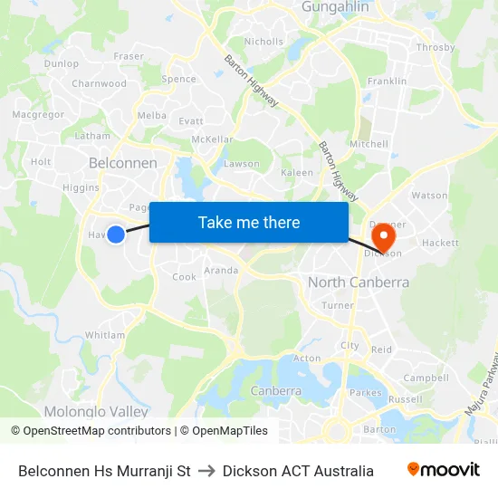 Belconnen Hs Murranji St to Dickson ACT Australia map