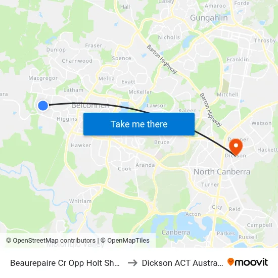 Beaurepaire Cr Opp Holt Shops to Dickson ACT Australia map
