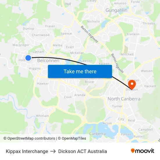 Kippax Interchange to Dickson ACT Australia map