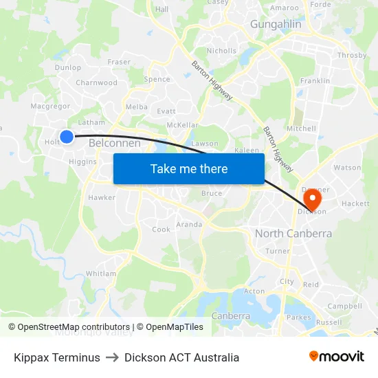 Kippax Terminus to Dickson ACT Australia map