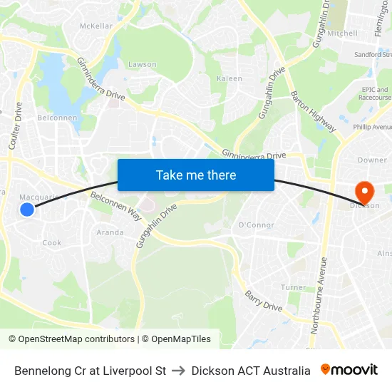 Bennelong Cr at Liverpool St to Dickson ACT Australia map