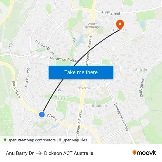 Anu Barry Dr to Dickson ACT Australia map