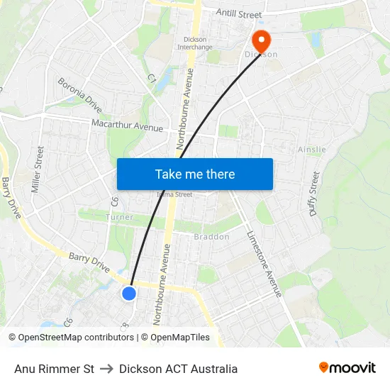 Anu Rimmer St to Dickson ACT Australia map