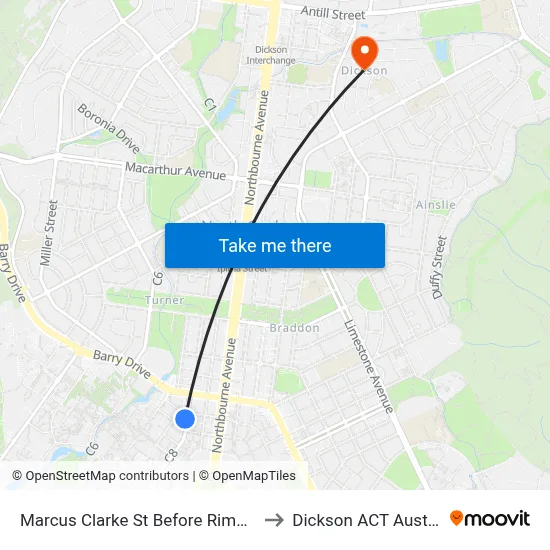 Marcus Clarke St Before Rimmer St to Dickson ACT Australia map