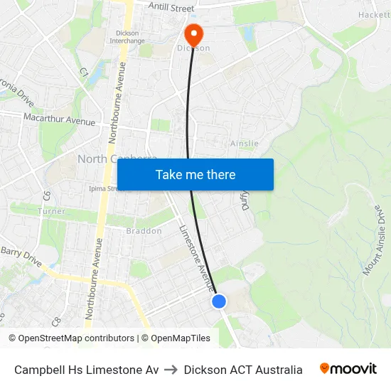 Campbell Hs Limestone Av to Dickson ACT Australia map