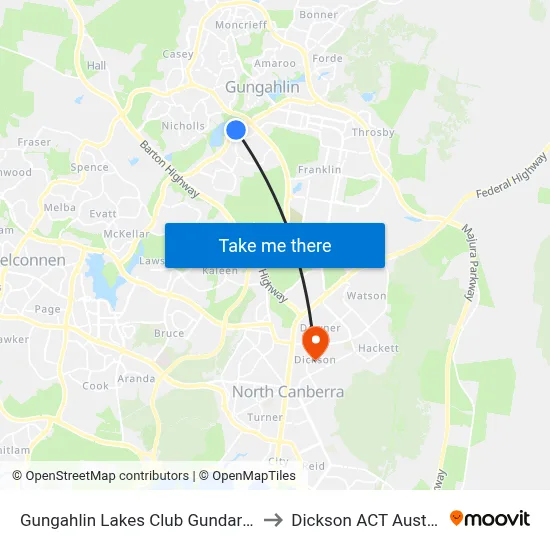 Gungahlin Lakes Club Gundaroo Dr to Dickson ACT Australia map