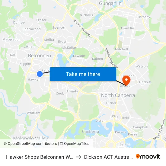 Hawker Shops Belconnen Way to Dickson ACT Australia map