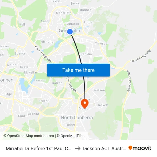Mirrabei Dr Before 1st Paul Coe Cr to Dickson ACT Australia map