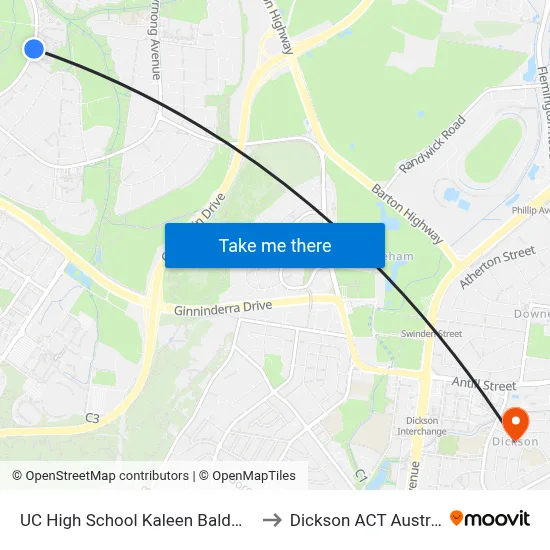 UC High School Kaleen Baldwin Dr to Dickson ACT Australia map