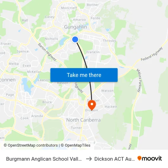 Burgmann Anglican School Valley Campus to Dickson ACT Australia map