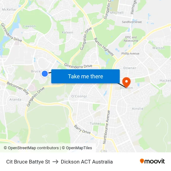Cit Bruce Battye St to Dickson ACT Australia map