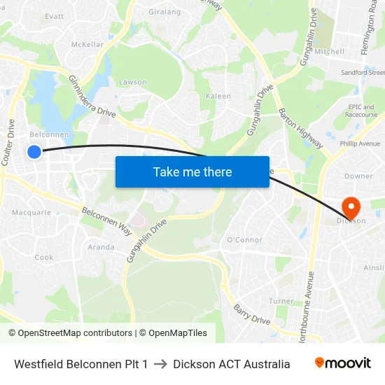 Westfield Belconnen Plt 1 to Dickson ACT Australia map