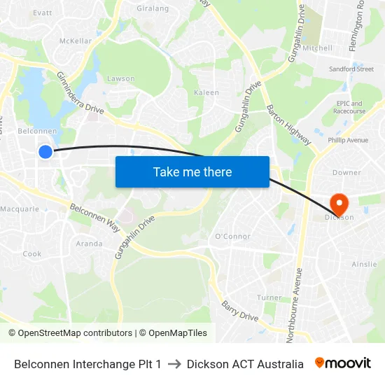 Belconnen Interchange Plt 1 to Dickson ACT Australia map