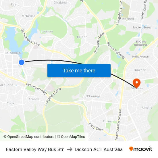 Eastern Valley Way Bus Stn to Dickson ACT Australia map