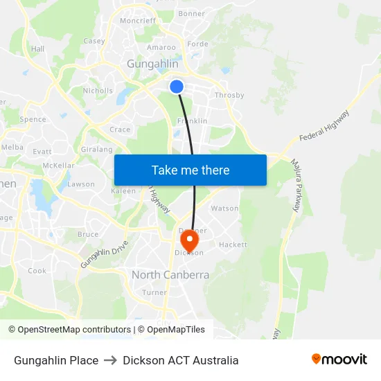 Gungahlin Place to Dickson ACT Australia map