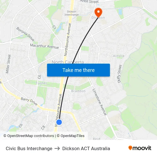 Civic Bus Interchange to Dickson ACT Australia map