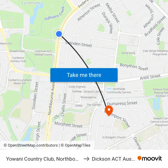Yowani Country Club, Northbourne Ave to Dickson ACT Australia map