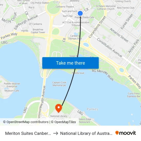 Meriton Suites Canberra to National Library of Australia map
