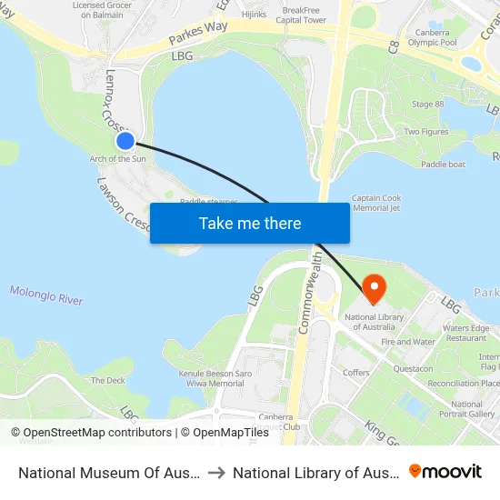National Museum Of Australia to National Library of Australia map