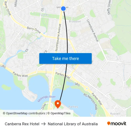 Canberra Rex Hotel to National Library of Australia map
