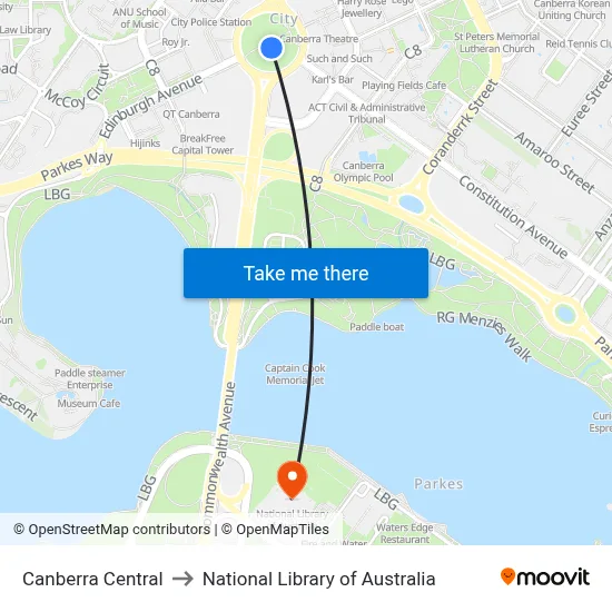 Canberra Central to National Library of Australia map