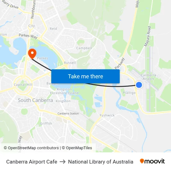Canberra Airport Cafe to National Library of Australia map