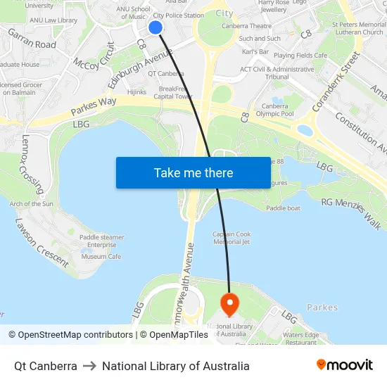 Qt Canberra to National Library of Australia map
