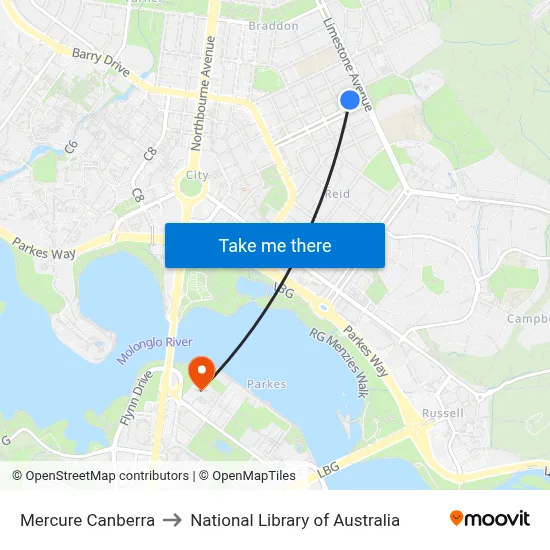 Mercure Canberra to National Library of Australia map