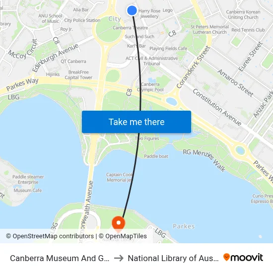 Canberra Museum And Gallery to National Library of Australia map