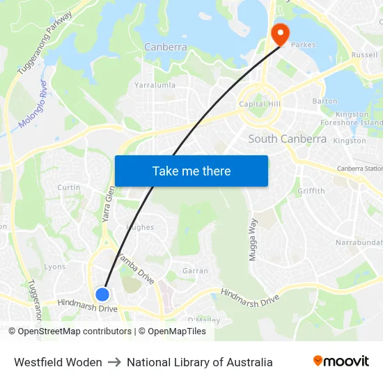 Westfield Woden to National Library of Australia map