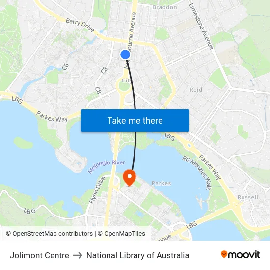 Jolimont Centre to National Library of Australia map