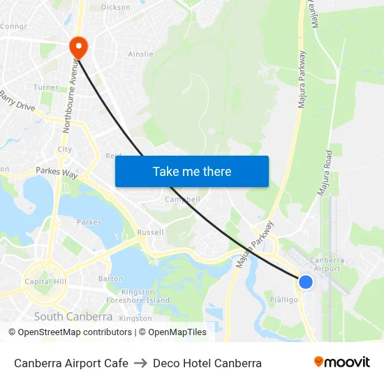 Canberra Airport Cafe to Deco Hotel Canberra map