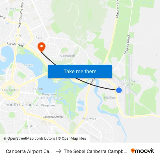 Canberra Airport Cafe to The Sebel Canberra Campbell map