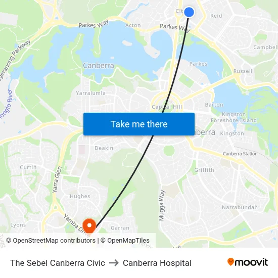 The Sebel Canberra Civic to Canberra Hospital map