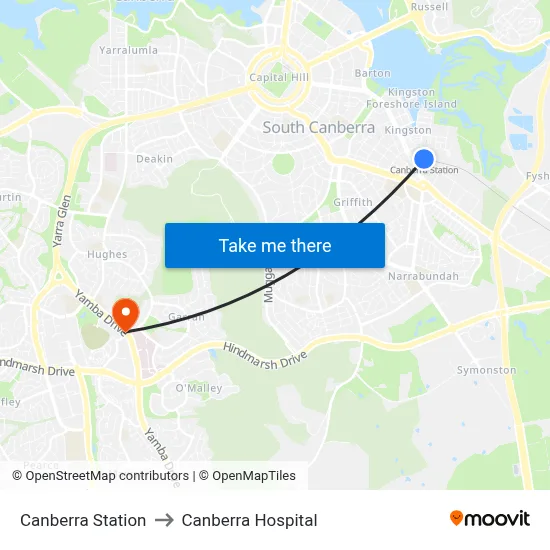 Canberra Station to Canberra Hospital map