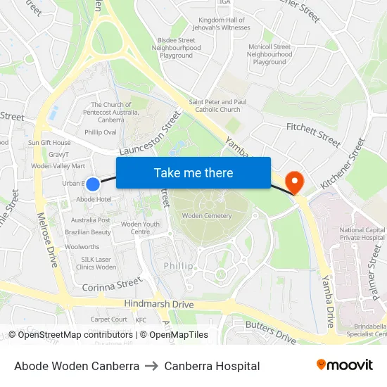 Abode Woden Canberra to Canberra Hospital map