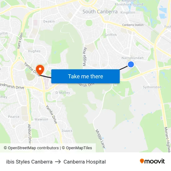ibis Styles Canberra to Canberra Hospital map